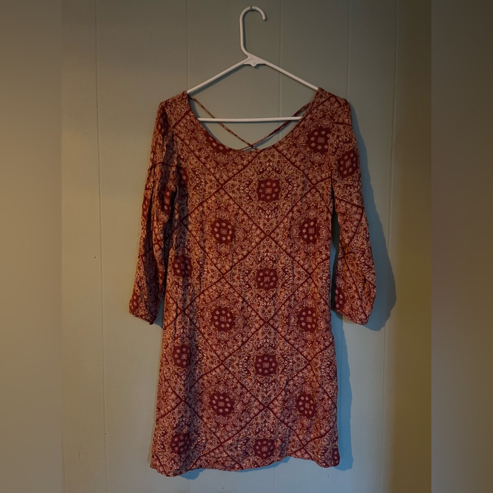C Red and Cream Patterned Long Sleeve Dress